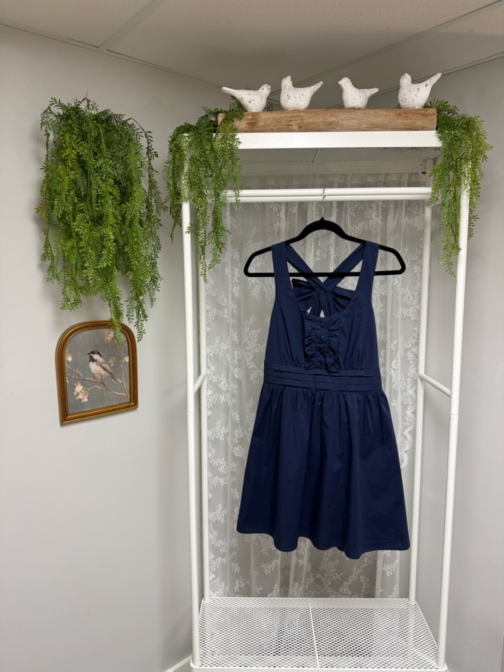 Bailey Blue Navy Fit & Flare Dress Bow Back Ruffle Button Cute Skater Style sz L